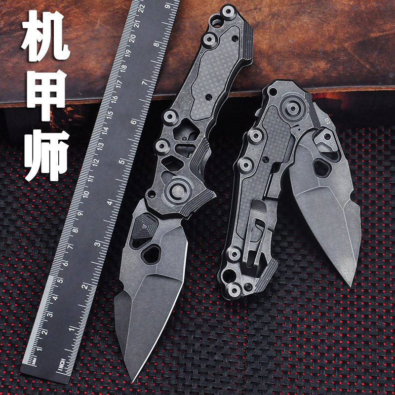 新款外贸跨境热销D2钢重型折叠刀不锈钢碳纤手柄户外高硬度随身刀