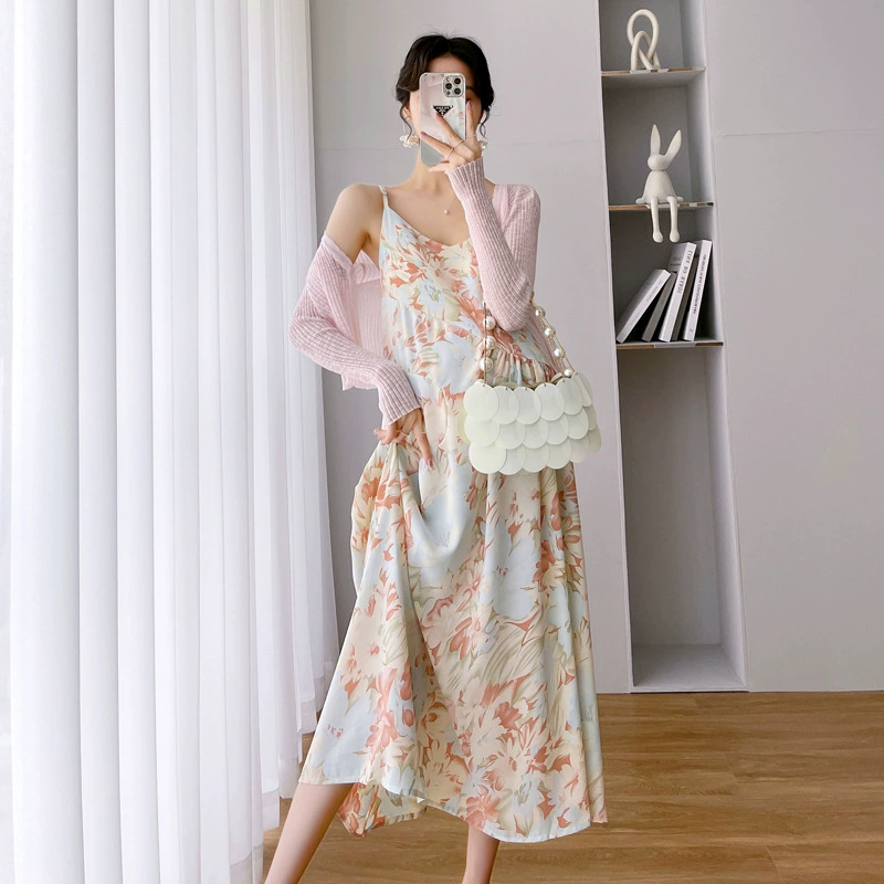 Костюм для беременных, летнее тонкое шифоновое платье с цветочным принтом, уменьшающее Возраст платье + солнцезащитный топ из двух предметов