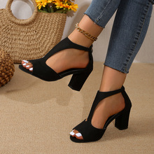 外贸大码高跟凉鞋女2024夏季大码鱼嘴粗跟凉鞋欧美包跟罗马凉鞋