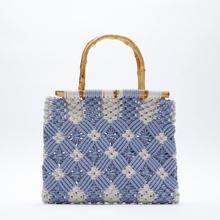 棉绳编织包花朵包包小清新新款女包竹子提手蓝色手提包购物包