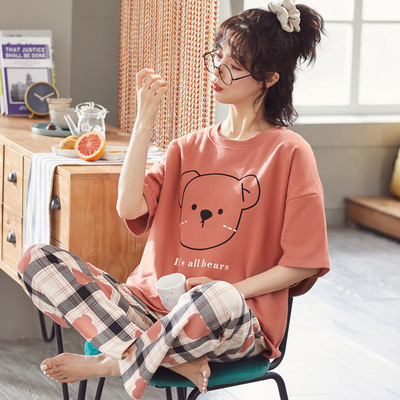 Pajamas for Women Round Neck Summer Short-Sleeved Thin Cartoon Sweet and Cute Trousers Cartoon Home Clothes Spring and Autumn Suit