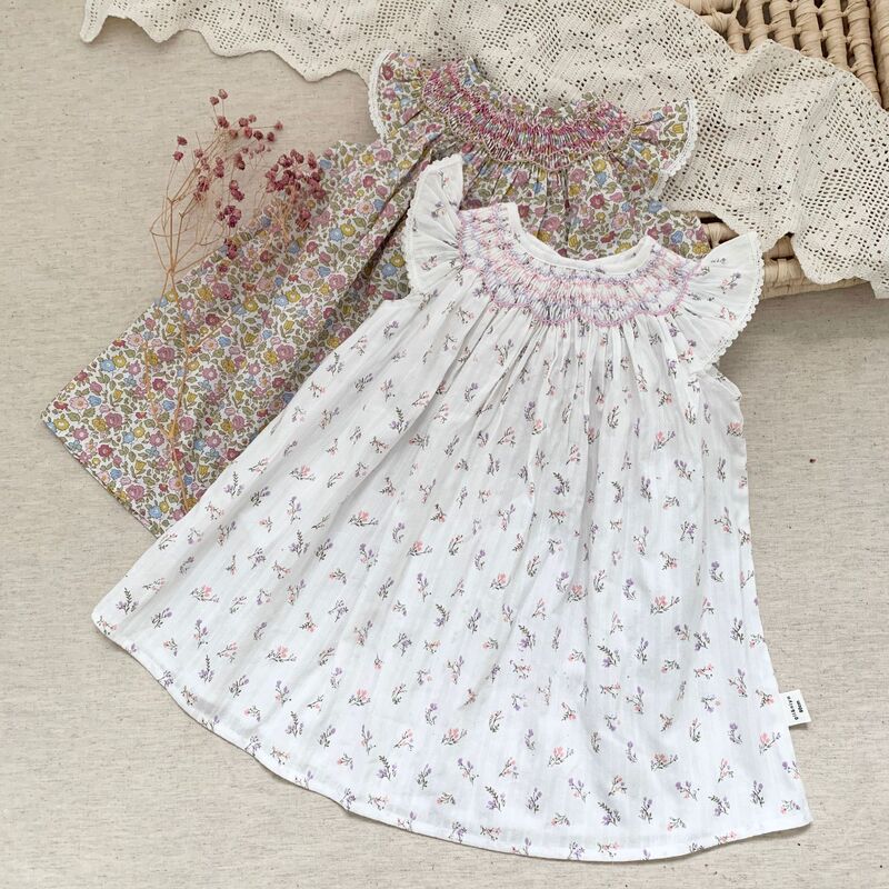 Girl's Handmade Printed Flying Sleeve Doll Dress Baby Girl's Heavy Industry dress Foreign Trade Girl's Summer Baby Dress