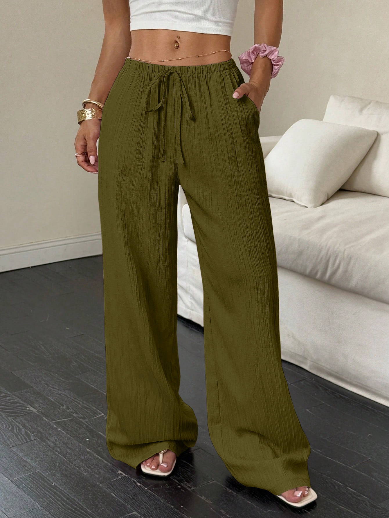 Damen Weithosen Freizeithose Mit Knotentaille Strukturstoff_voghion.com