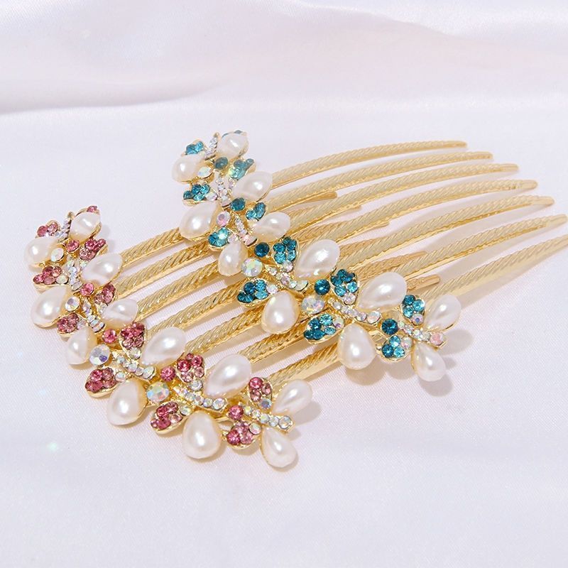 Korean seven-tooth pearl and water drill hair comb large ponytail hair clip elegant temperament women's hair comb hair accessory