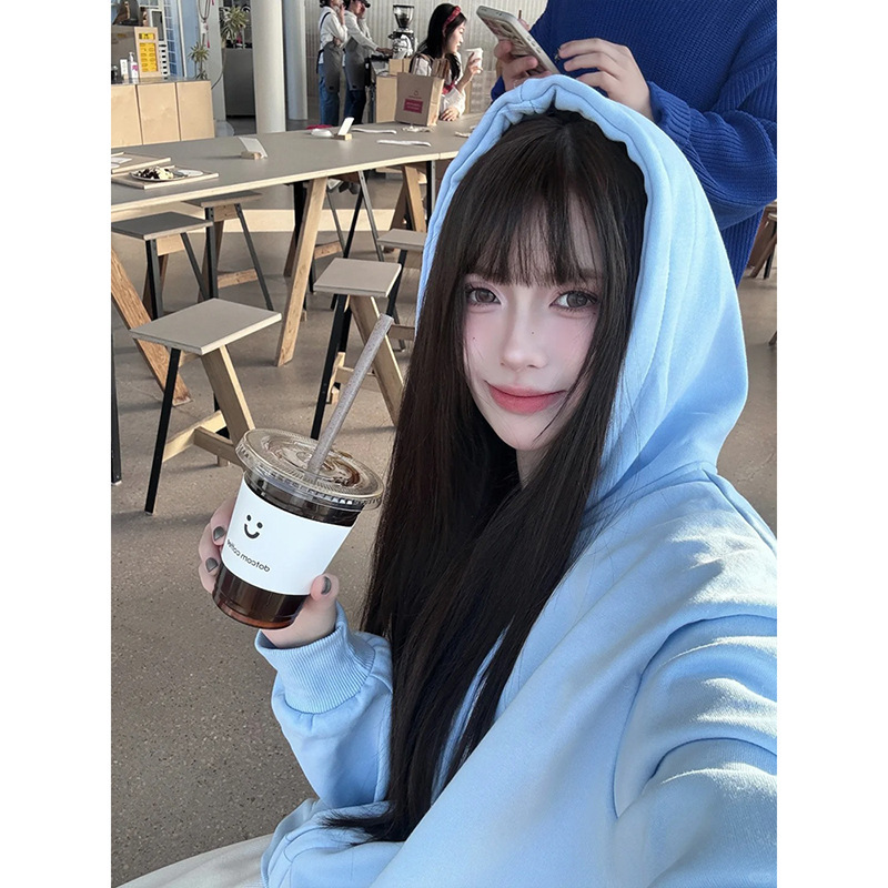 奶蓝色连帽卫衣外套女韩系薄款帽衫入秋宽松慵懒感bm显瘦开衫上衣|undefined