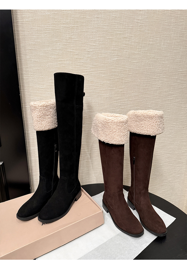 Boot nữ cổ cao ôm chân da bò lộn gót dày hai lớp lông — màu nâu chi tiết 25