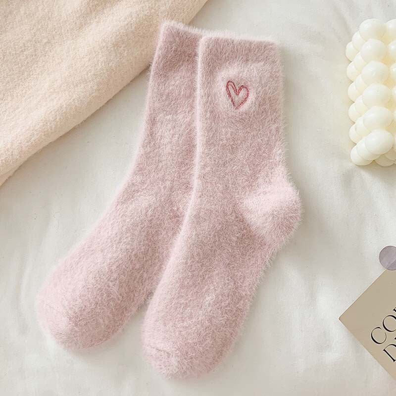 靴下女性のミッドカーフソックス秋と冬の厚みのあるミンクベルベット刺繍ラブスリーピングフロアソックス冬暖かいストッキング|undefined