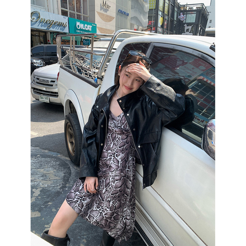 Dreaming DT ETOLIE Windproof Collar Oil Wax Sense Leather Jacket Women's New Vintage Long Sleeve Casual Jacket for Women