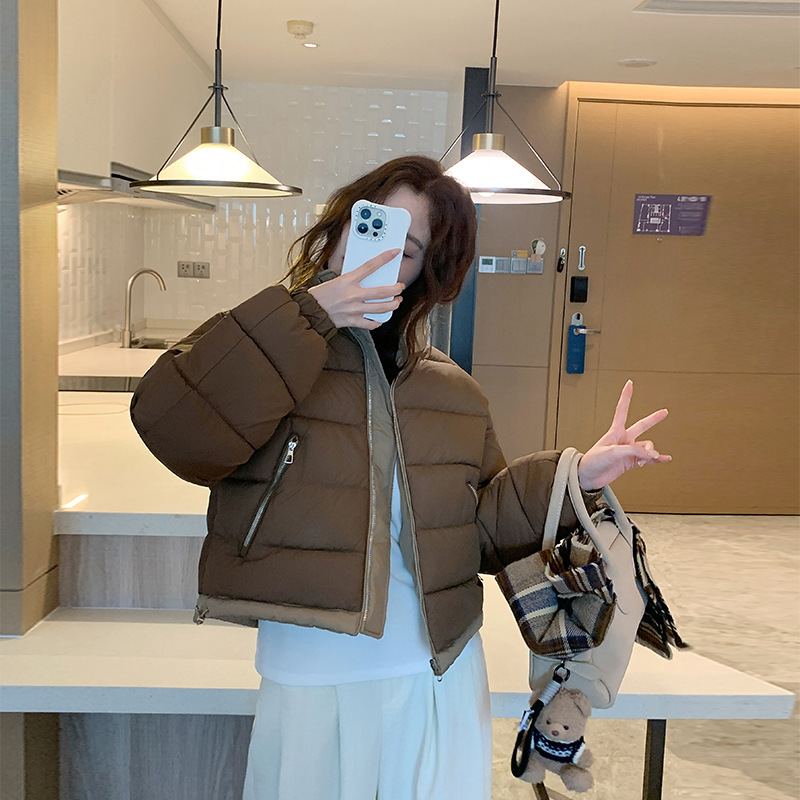 冬季韩版撞色两面穿羽绒棉服女短款立领宽松加厚小个子学生面包服|undefined