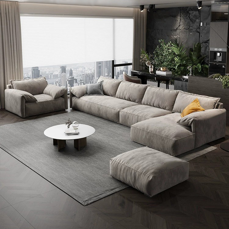 Modern Minimalist Anti-Stain Suede Matte Tech Velvet Sofa for Small Living Rooms with Large Flat Latex Chaise