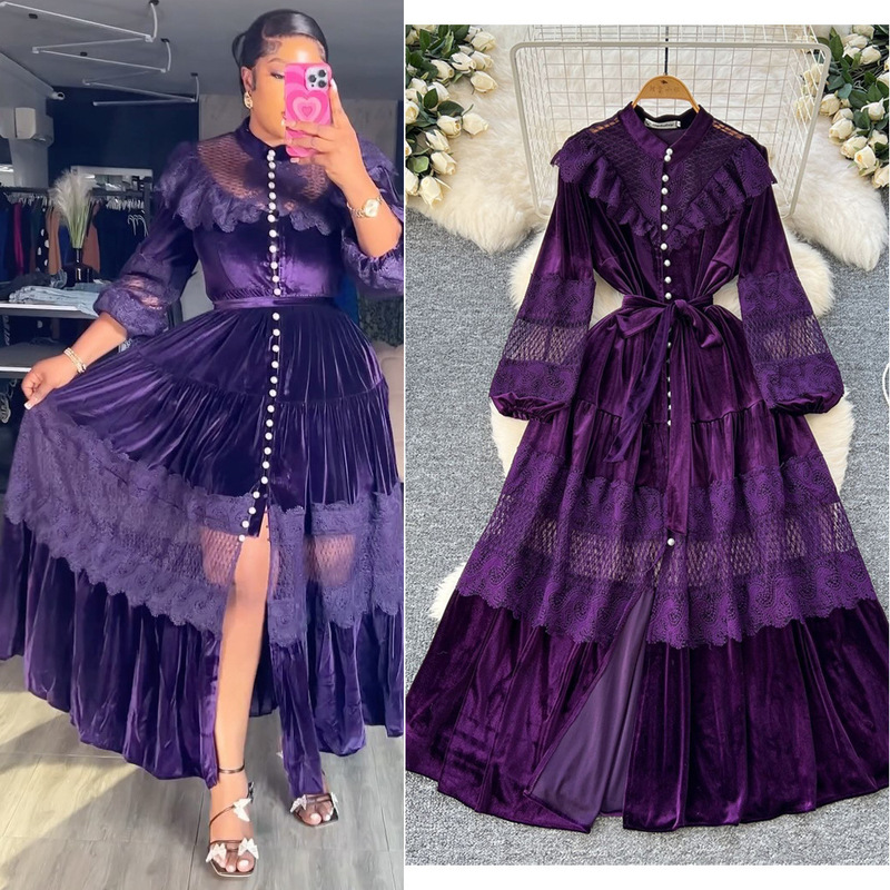 Palace Style Dress for Women French Retro Fashion Stand-Up Collar Pearl Single-Breasted Lace Splicing Velvet Long Skirt