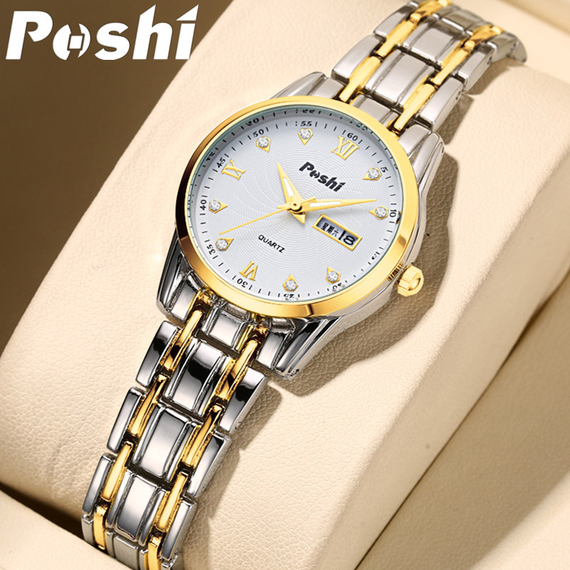 Poshi reloj de mujer nueva moda correa de acero inoxidable doble calendario reloj de mujer reloj de cuarzo venta al por mayor entrega de una pieza