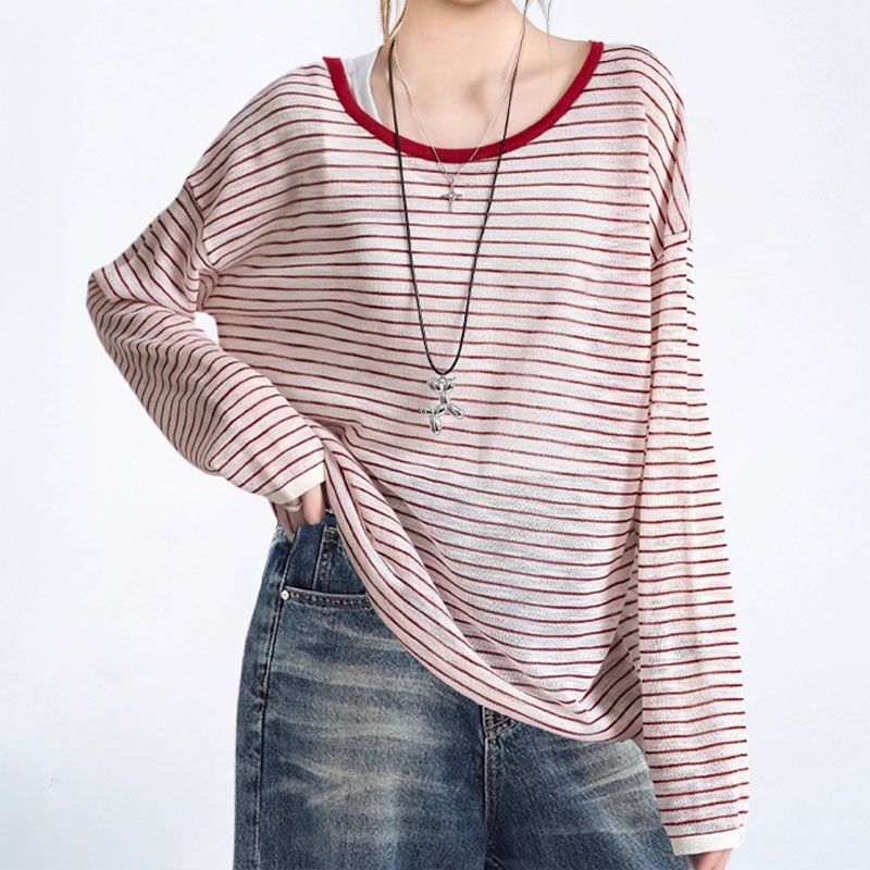 New Summer Plus-Size Red Backless Striped Long-Sleeve Sun-Protective Cover-Up T-Shirt Dopamine Hollow-Out Back Top for Women New Summer Plus-Size Red Backless Striped Long-Sleeve Sun-Protective Cover-Up T-Shirt Dopamine Hollow-Out Back Top for Women