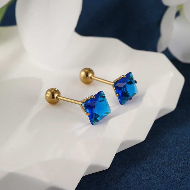 Xuping joyería de acero inoxidable tornillo torcedura hebilla pendientes cuadrados japonés y coreano personalidad de la moda azul pendientes de Gema artificial