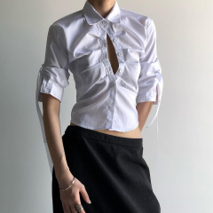 小众风设计褶皱立领排扣衬衫抽绳系带中长袖收腰纯色气质女装上衣