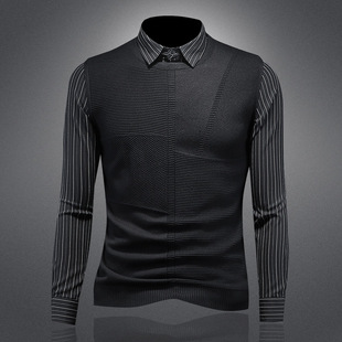 2024 Autumn and Winter New Fake Two-piece Shirt Sweater Men's Fashion Korean Style Slim-fit Casual Base Shirt 5810