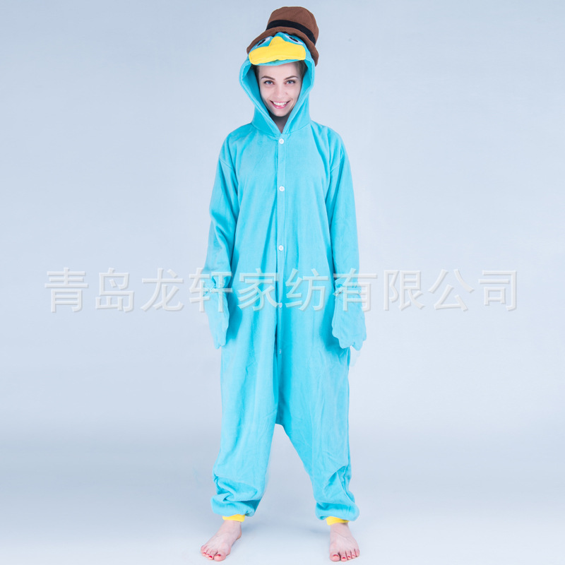 Polar Fleece Platypus Animal Cartoon One-Piece Pajamas for Men and Women, Long-Sleeved Couple Style Winter Home Clothes