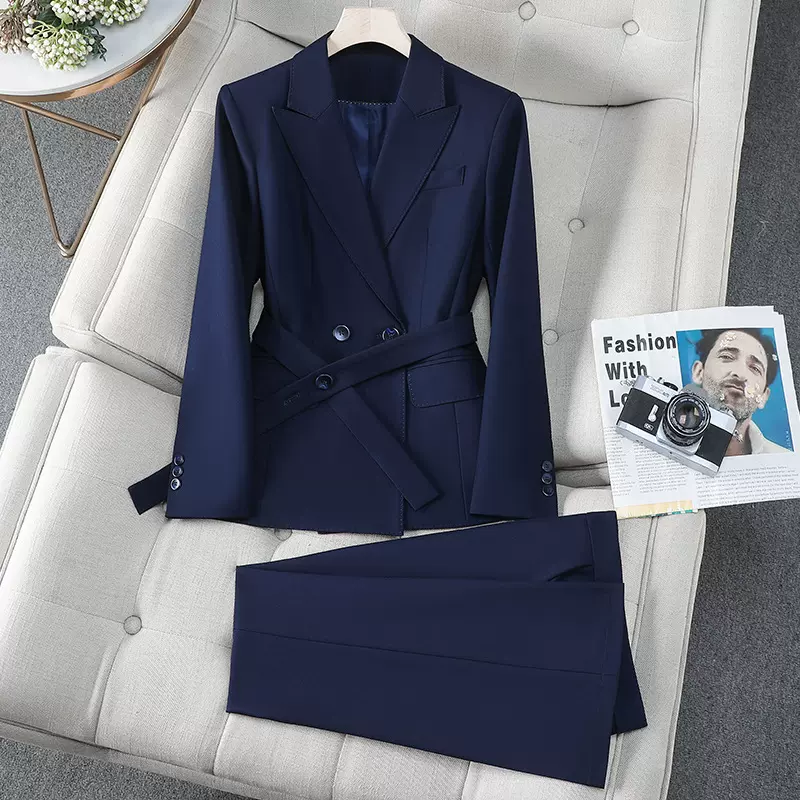 蓝色西装外套长袖春秋女职业喇叭裤西服套装高级感职业经理工作服