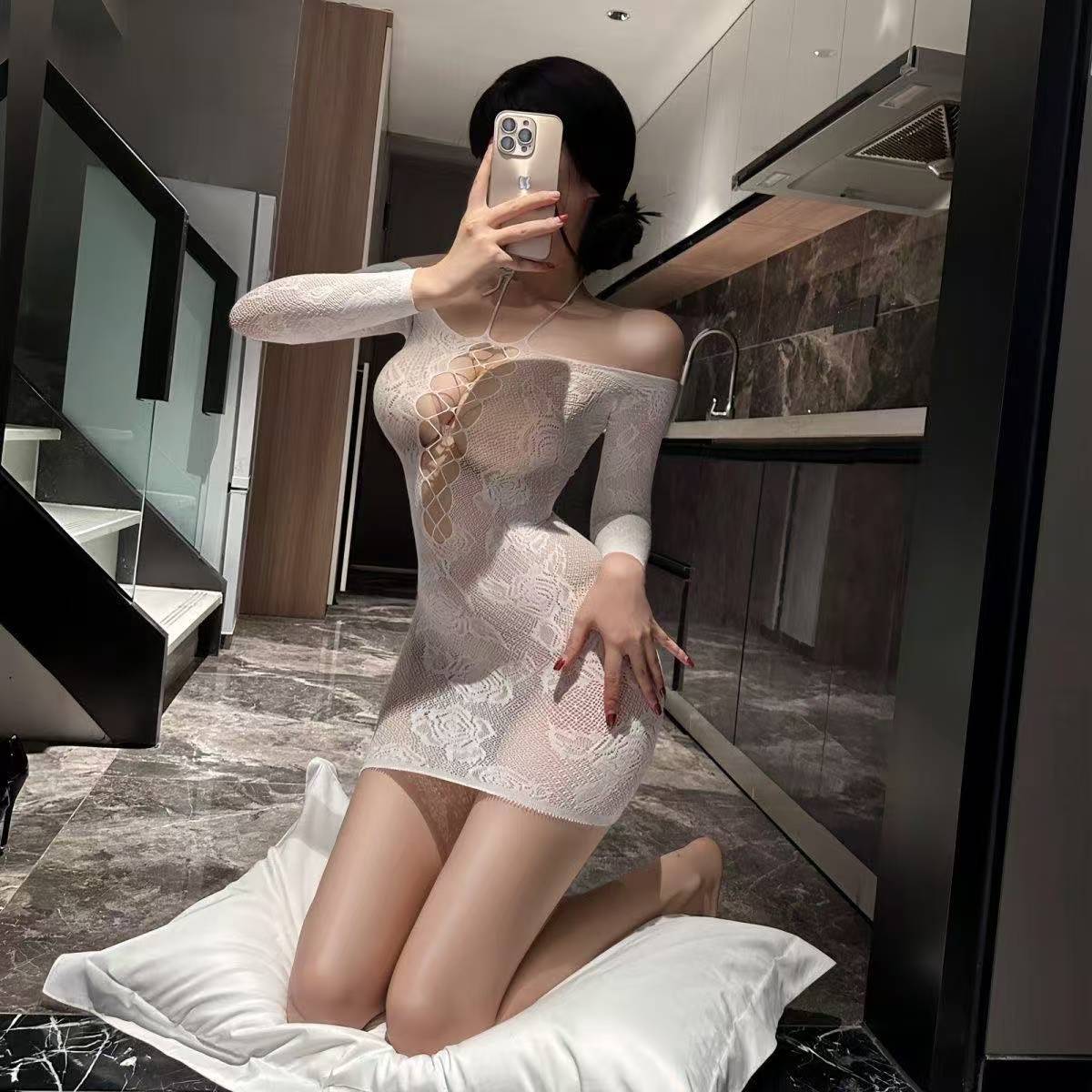 Rose Whisper Mesh Hollow Jumpsuit – See-Through Black Polyester Lingerie Set — detail image 3