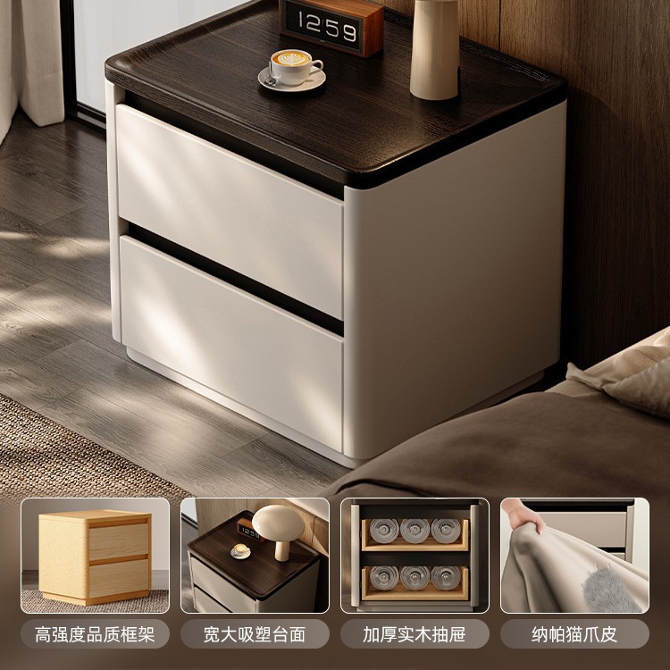 Mesa de cama de madera maciza lujosa alta sensación2024 nuevo estilo simple y moderno sensación de diseño pequeño gabinete junto a la cama del dormitorio familiar