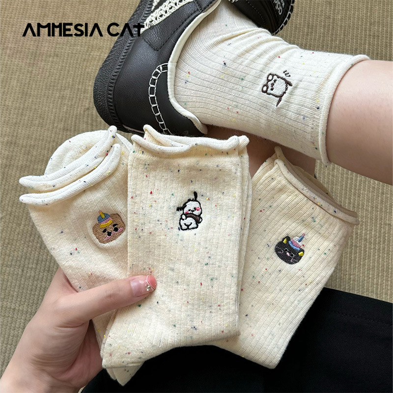 早秋新款小熊襪子女中筒襪秋冬運動卡通小狗刺繡可愛點子紗堆堆襪