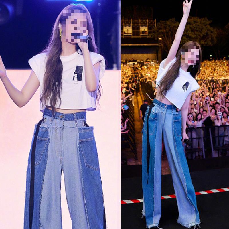 Yang Xiaolin same style white sleeveless T-shirt short loose small retro contrast color stitching Denim wide leg pants for women