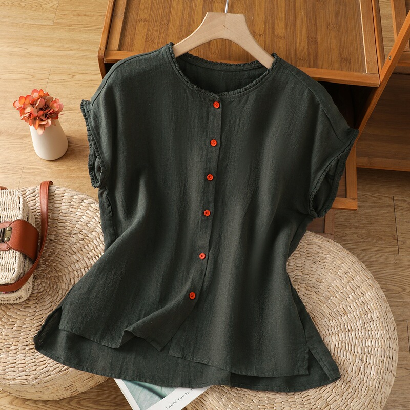 Artistic Solid Color Ruffled Cotton and Linen Shirt for Women, Summer Age-Reducing, Elegant Casual Cotton and Linen Puff Sleeve Breathable Top