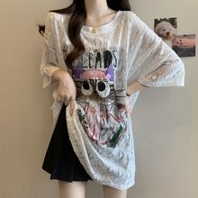 大码蕾丝提花卡通新款短袖t恤女夏季2024新款宽松显瘦胖mm上衣女