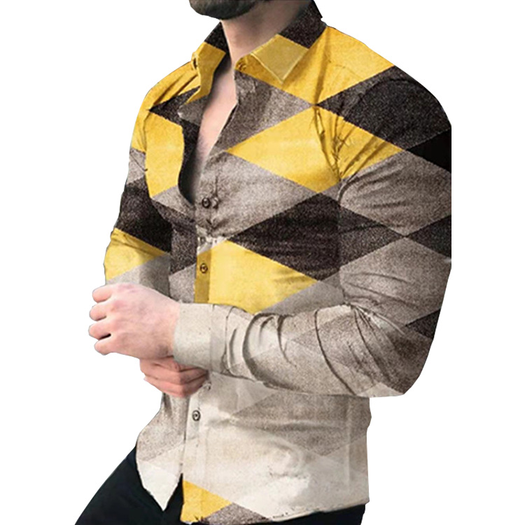 Comercio exterior 2023 primavera nuevos hombres gradiente de impresión digital solapa camisa de manga larga camisa casual de los hombres