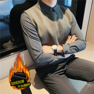 Men's Fake Two-Piece Shirt Collar Fashion Sweater Autumn and Winter Korean Style Fashionable Light Mature Style Slim-Fit Inner fleece-lined Sweater