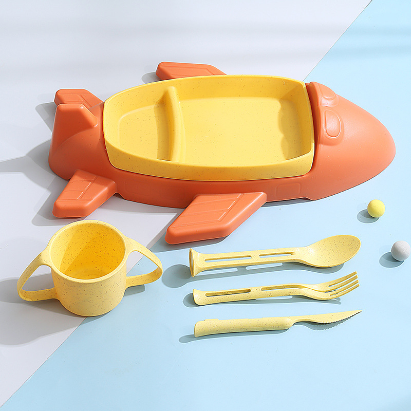 Plato de almuerzo de avión juego de seis piezas de dibujos animados de trigo jardín de infantes plato de comida para bebés vajilla de suplemento alimenticio para niños con taza, cuchillo, tenedor y cuchara image 7
