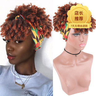 Amazon New African Women's Small Curly Hair with Bang One-piece Headband Wig Chemical Fiber Wig Headset