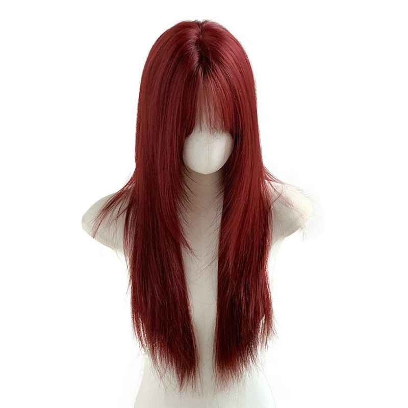 Qiushi ウィッグ ラズベリー レッド シャープ バング ロング ストレート ヘア スタイリング ハイレベル気質 ナチュラル フルヘッド カバー 卸売 クロスボーダー|undefined