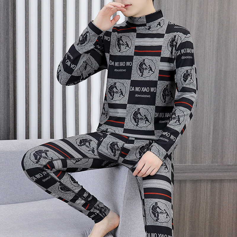 Autumn and Winter New Men's Thermal Suit Slim Fit Fleece Thickened Cold-Proof Base Layer Shirt and Pants Mid-Neck Underwear