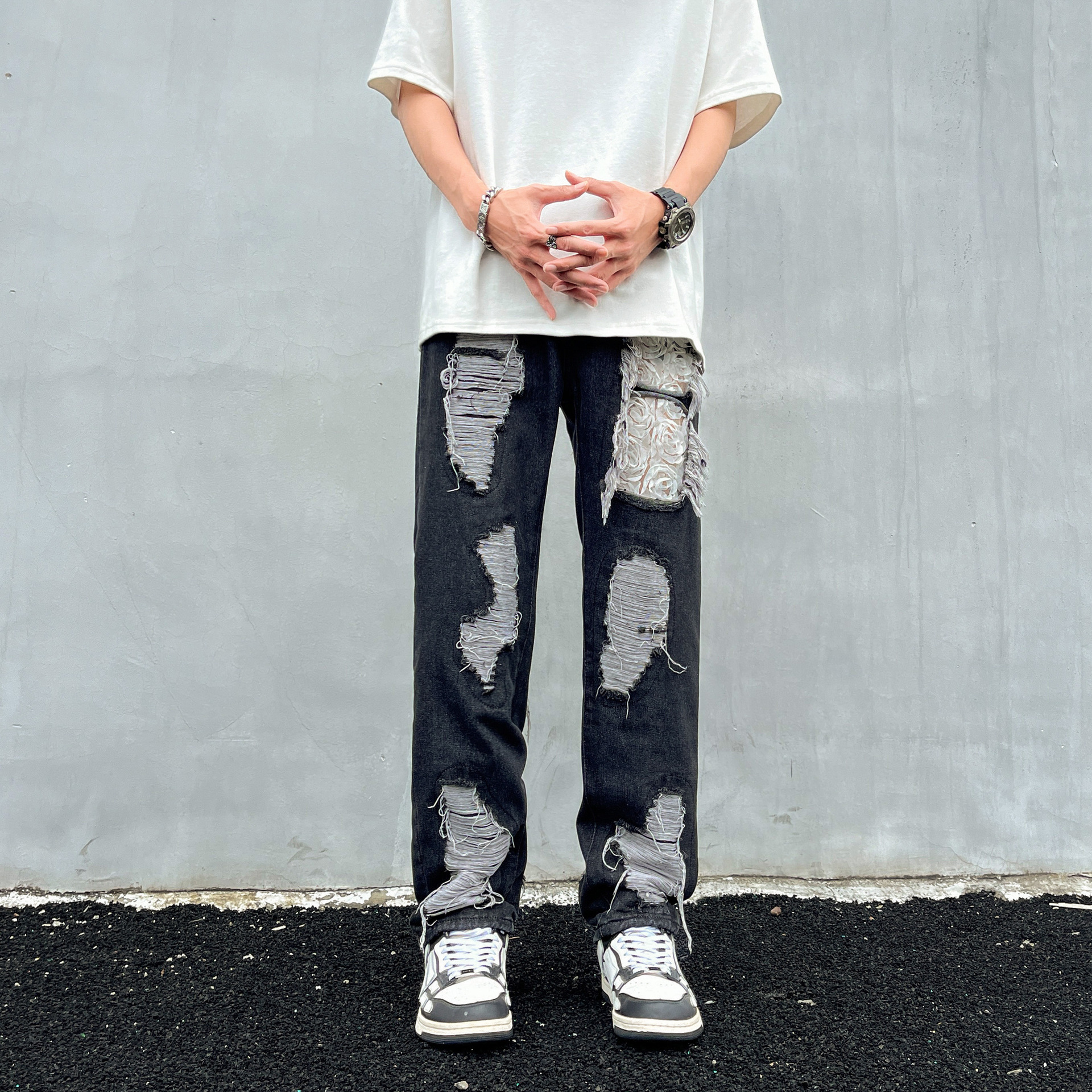 Tie-Dye Ripped Jeans For Men And Women American High Street Vintage Washed Slim Fit Flared Pants_mkmklike.com