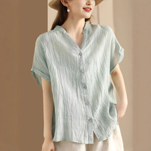 复古加捻褶皱衬衣女气质莱赛尔苎麻短袖衬衫气质开衫丝