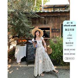 黄一粒NORASTUDIO小飞袖方领刺绣碎花连衣裙女夏季设计感收腰裙子
