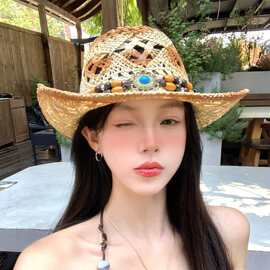 西部牛仔帽民族风复古镂空草帽女夏辣妹川西大西北旅游穿搭遮阳帽