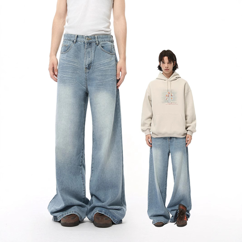 See Denim | American Crease Old Washed Straight Jeans Men's High Street Loose Wide Leg Trousers