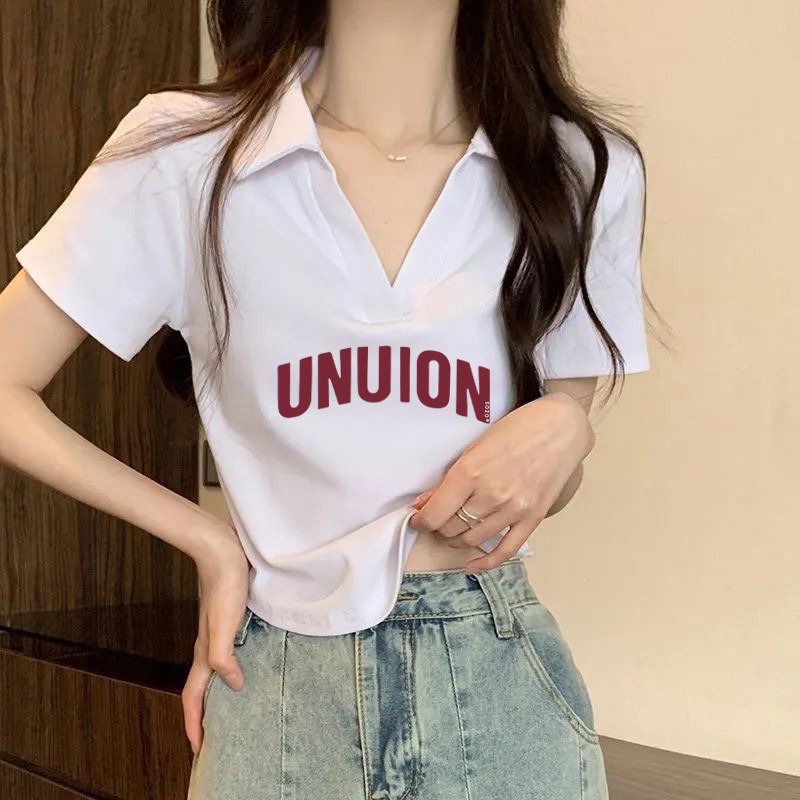 White cotton polo collar ribbed short-sleeved t-shirt for women, summer style, French chic, V-neck, short and versatile top.