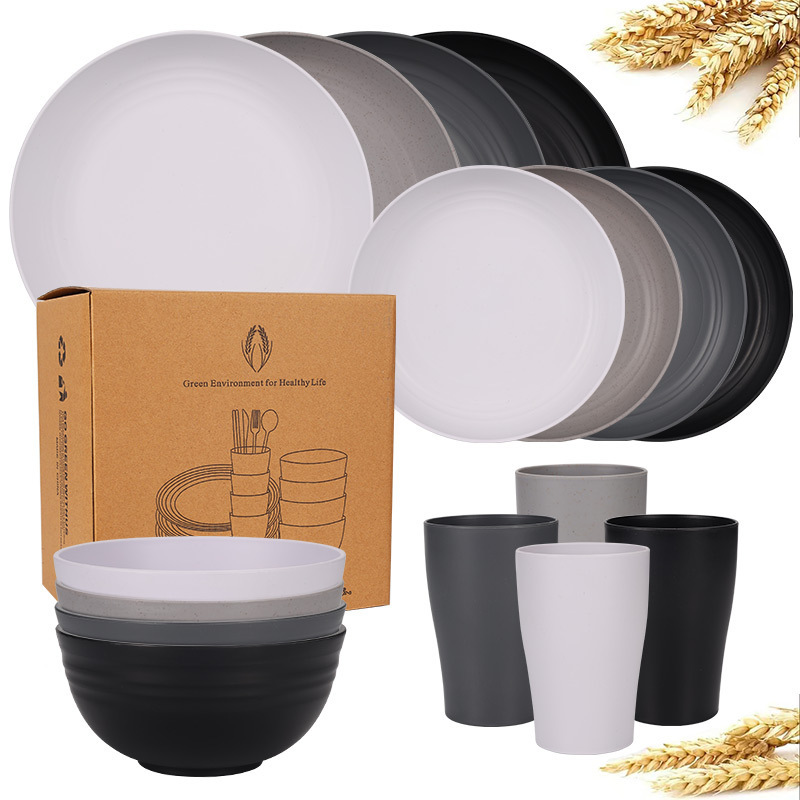 Cross-border Hot Wheat Straw Dinner Plate Salads Bowl Cup 16-piece Set Thickened Plate Bowl Cup Household Tableware suit