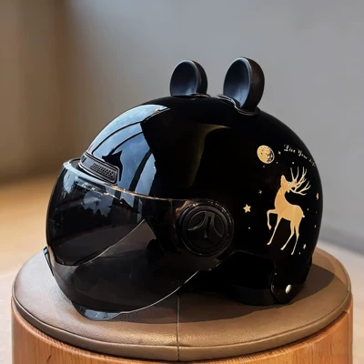 Unisex Motorcycle Safety Helmet, Motosiklet kaskı (dəbilqə) - one-size-fits-all-unisex-a8-black-brown-short-glasses-yilu-ping-an-black-bear-ears