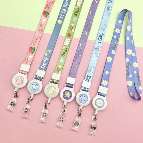 Cartoon retractable easy-pull buckle lanyard wholesale student card holder hanging neck long rope adjustable work badge card chest card sling