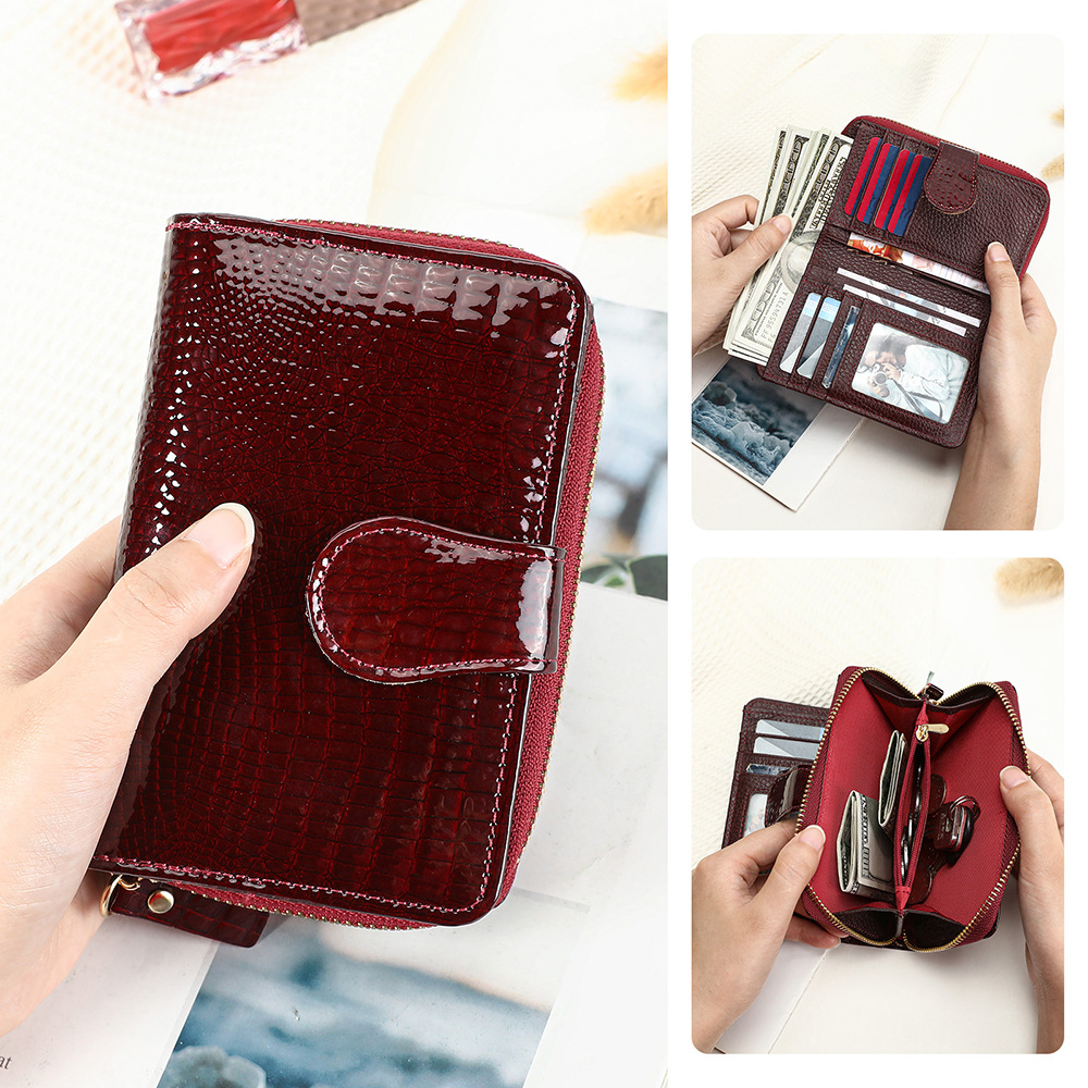 Ví cầm tay nữ da sáng chế cao cấp, sức chứa lớn, phong cách thời trang — Rượu vang đỏ, màu đỏ, màu đen