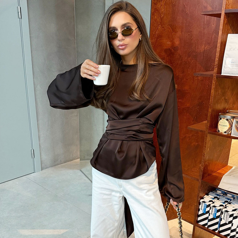 2026 Spring/Summer New Fashionable Women's Shirt, Cross-Border European and American Style, Brown Tie Long Sleeve Slimming Design Top