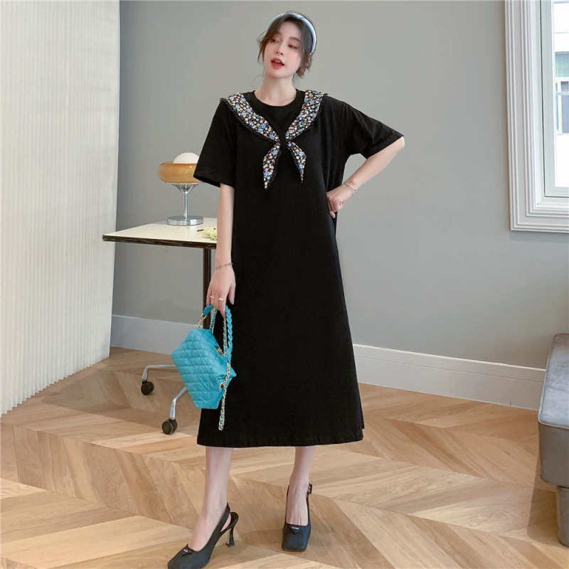 Настоящий выстрел 2023 летняя новая/больших размеров Свободная футболка с коротким рукавом и длинным разрезом с галстуком, модная простая Женская одежда для пухленьких девочек