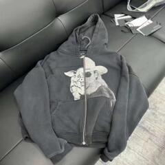 24SS ERD憂鬱な富二代豚人はプリントファスナーのカーディガンをつなぎ合わせて帽子のパーカーと男女の綿を結びます。