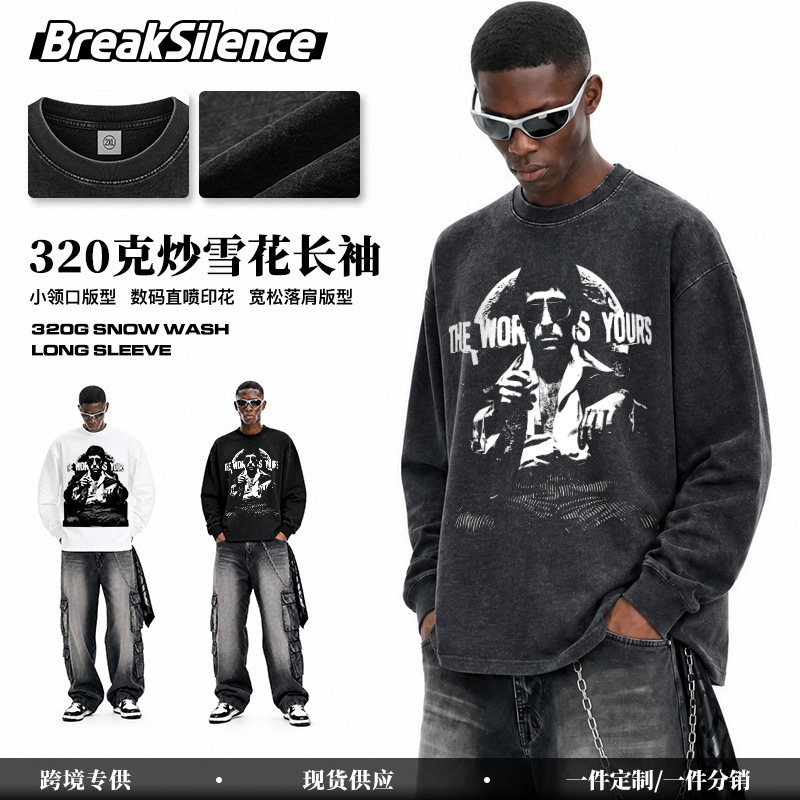 Retro long-sleeve T-shirt with Scarface movie digital direct-print design, loose-fitting, made of Xinjiang cotton, round-neck top for men, suitable for autumn and winter