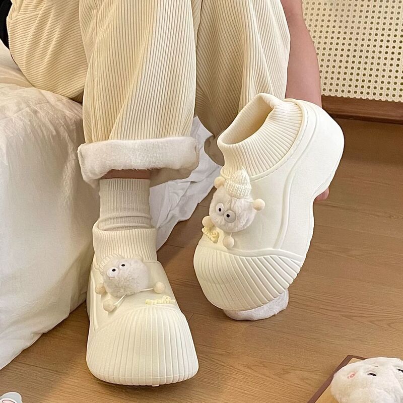 Non-Slip Cartoon Heel Cotton Slippers for Women, New Snow Boots, Heightening Fashion, Fleece-Lined, Warm, Thick Soles for Autumn and Winter Outerwear