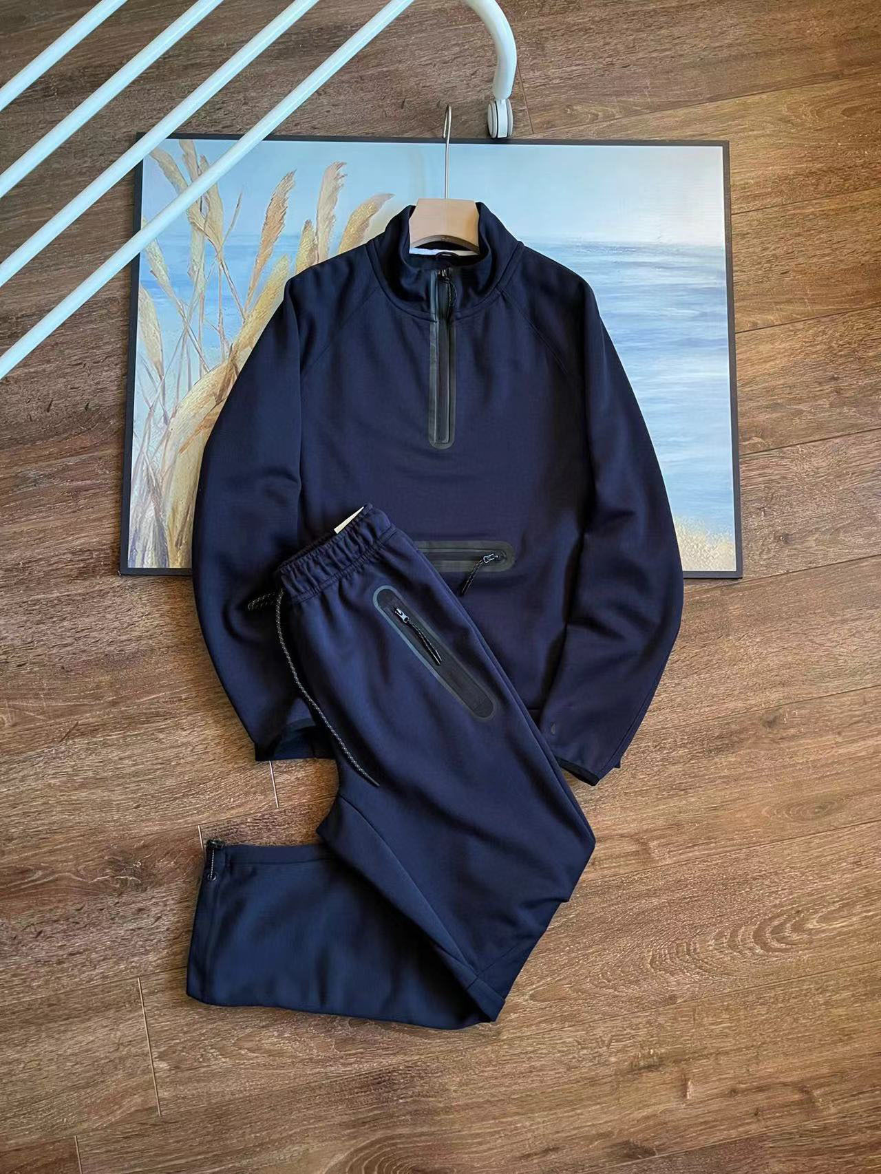 Spring and Autumn New Men's Sports Set Half Zipper Sweatshirt Knitted Loose Pants Straight Tube Casual Jacket Clip_voghion.com